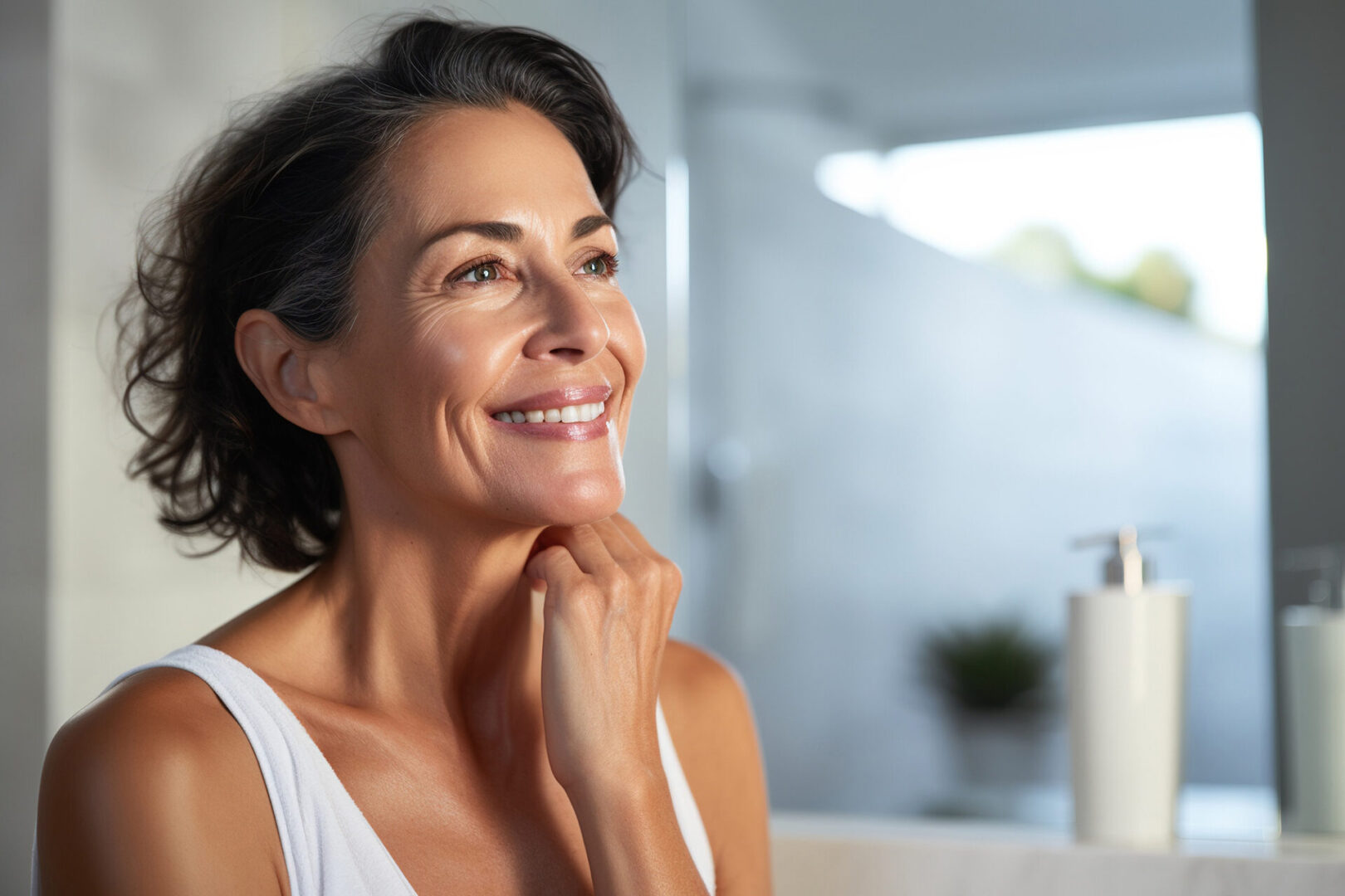 Headshot of gorgeous mid age adult 50 years old Latin woman standing in bathroom after shower touching face, looking at reflection in mirror doing morning beauty routine. Older skin care concept.