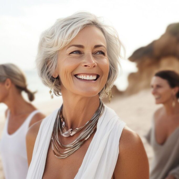 Youthful mature woman having fun at the beach