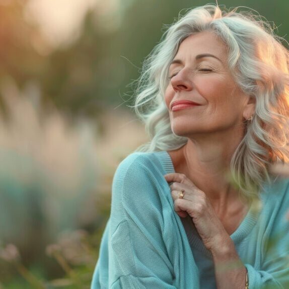 Serene Middle-Aged Woman Embracing Menopause in a Tranquil Garden Oasis.